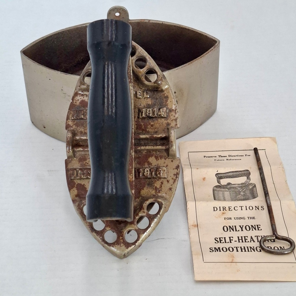 Antique Onlyone Self-Heating Charcoal Smoothing Iron National Iron Co w/ Manual